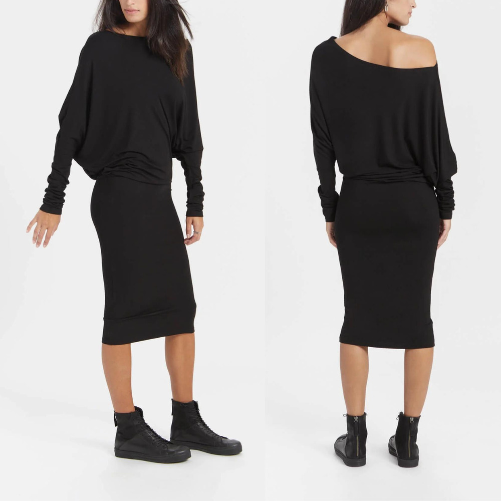 Marcella Malinda Black Off the Shoulder Soft Jersey Knit Midi Dress